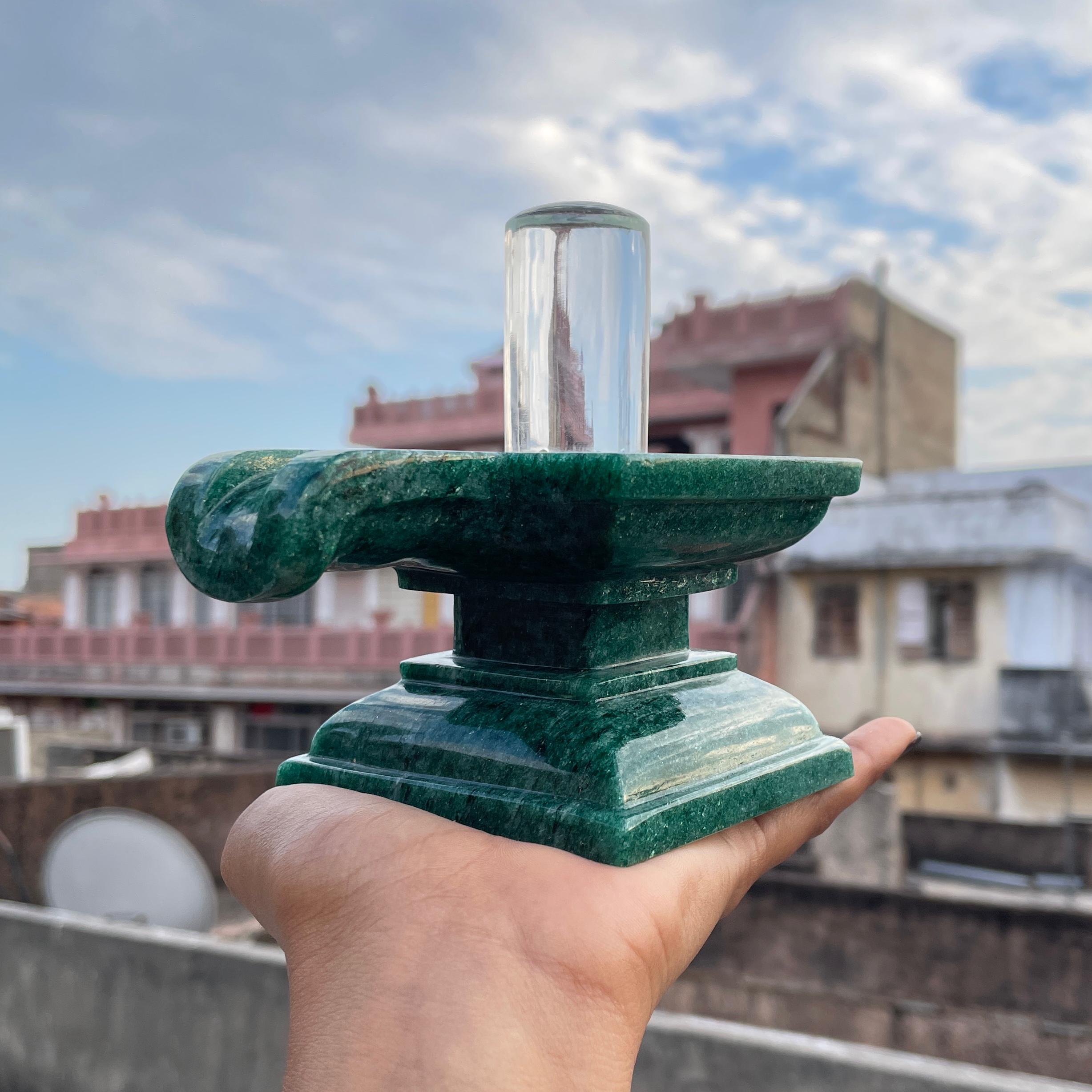 Crystal Lingam on Green Jade Base: Sacred Pooja Meditation Stone - Image 7