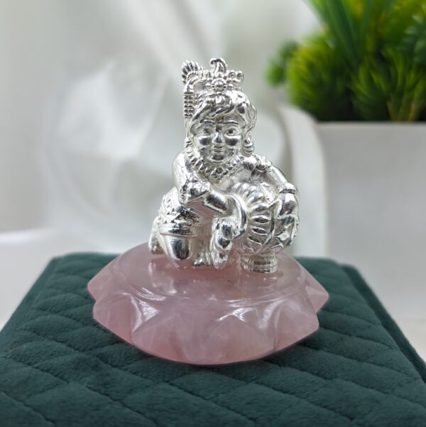 Laddu Gopal Idol in 925 Silver on Rose Quartz Stone, Elegant Home Décor for Spiritual Blessings, Perfect Religious Gift