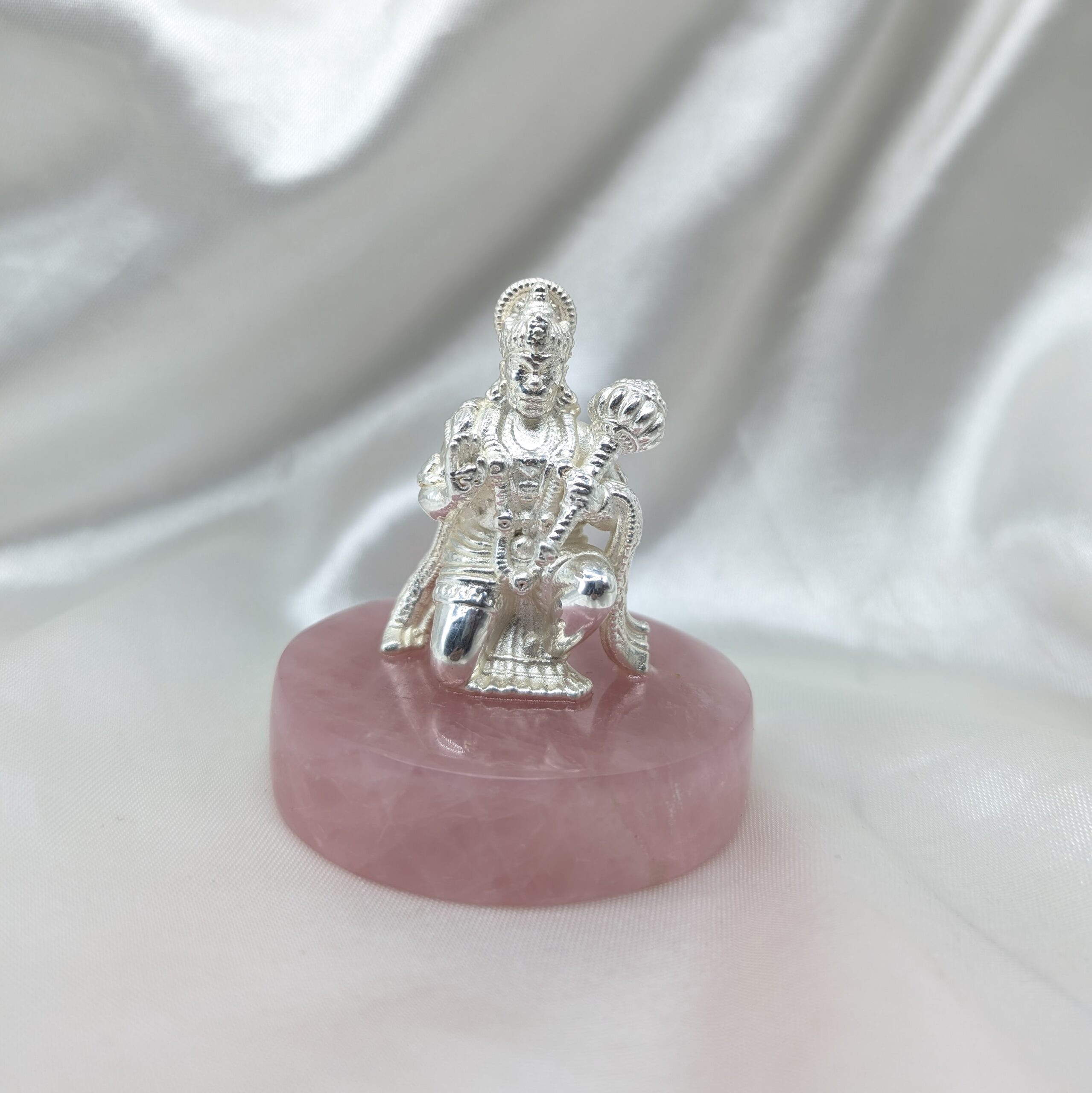 925 Silver Hanuman Statue on Rose Quartz Stone, Handcrafted Spiritual Décor for Home, Perfect Gift for Festivals & Blessings - Image 3