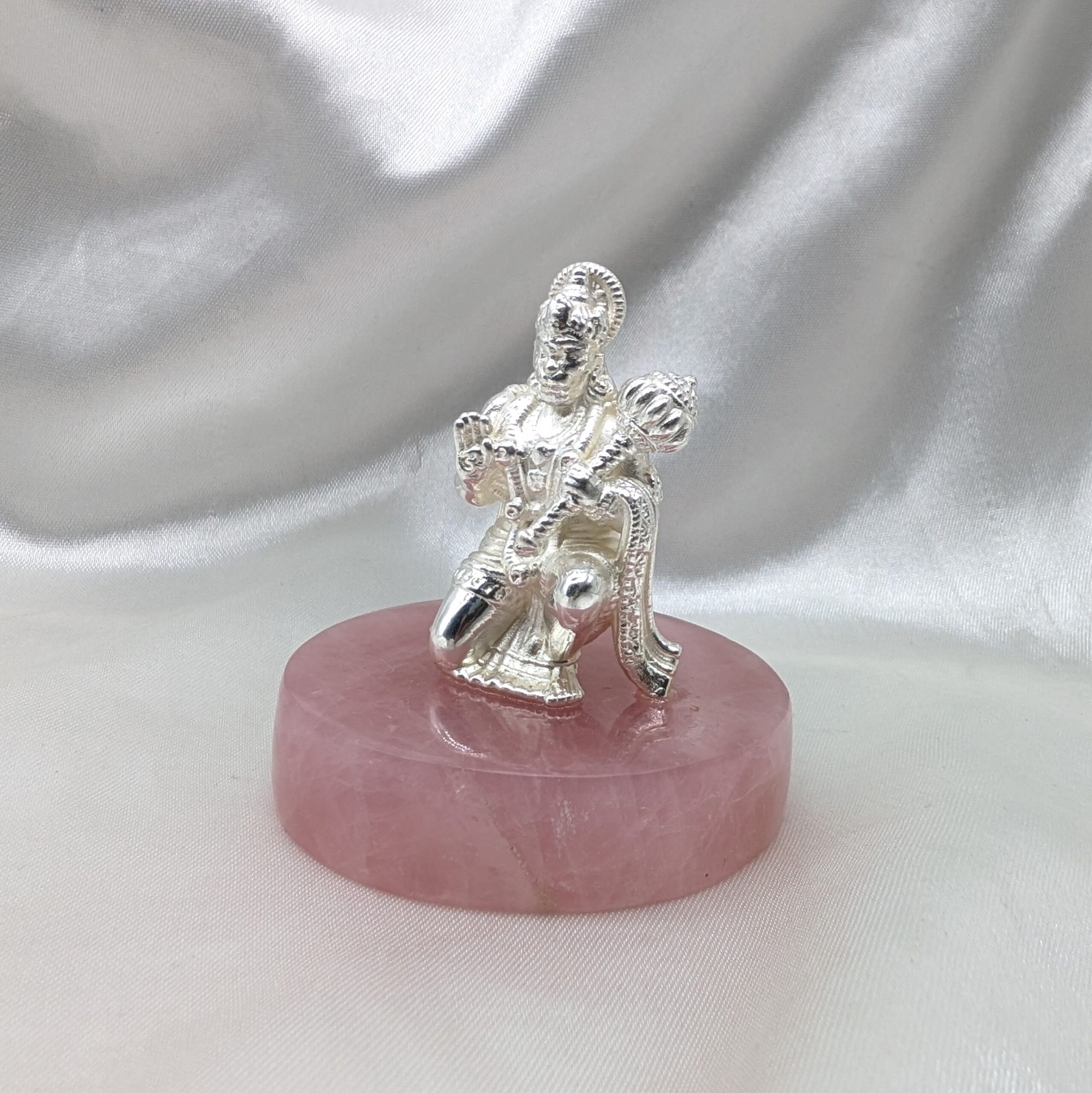 925 Silver Hanuman Statue on Rose Quartz Stone, Handcrafted Spiritual Décor for Home, Perfect Gift for Festivals & Blessings - Image 2