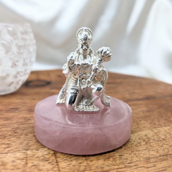925 Silver Hanuman Statue on Rose Quartz Stone, Handcrafted Spiritual Décor for Home, Perfect Gift for Festivals & Blessings