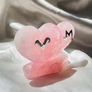 Personalized Rose Quartz Twin Puffy Heart, Custom Letter in Silver, Meaningful Gift for Anniversaries or Weddings - Image 2