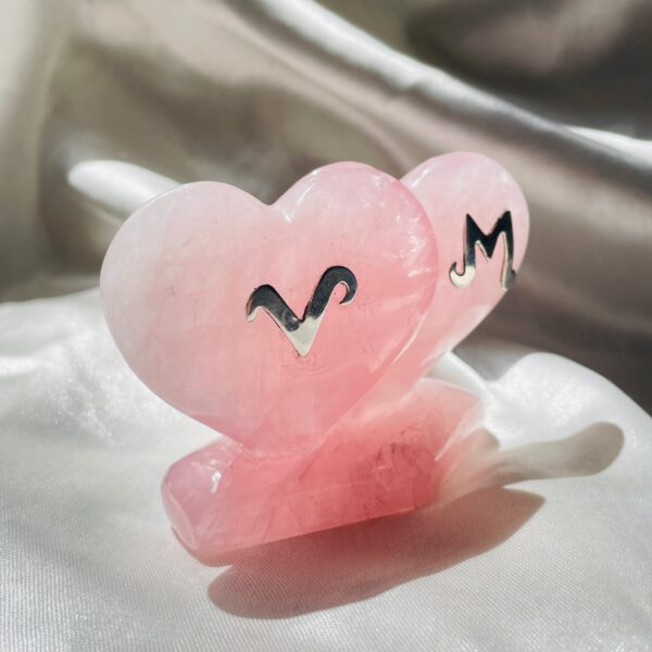 Personalized Rose Quartz Twin Puffy Heart, Custom Letter in Silver, Meaningful Gift for Anniversaries or Weddings - Image 2