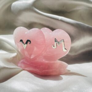 Personalized Rose Quartz Twin Puffy Heart, Custom Letter in Silver, Meaningful Gift for Anniversaries or Weddings - Image 3