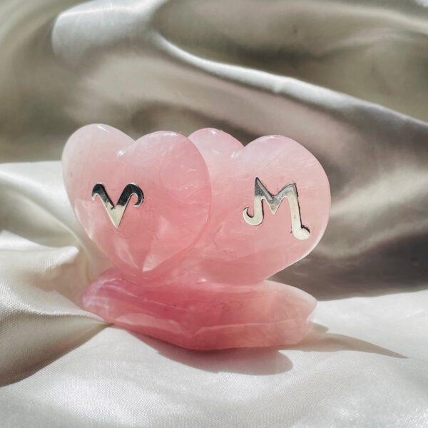 Personalized Rose Quartz Twin Puffy Heart, Custom Letter in Silver, Meaningful Gift for Anniversaries or Weddings - Image 3