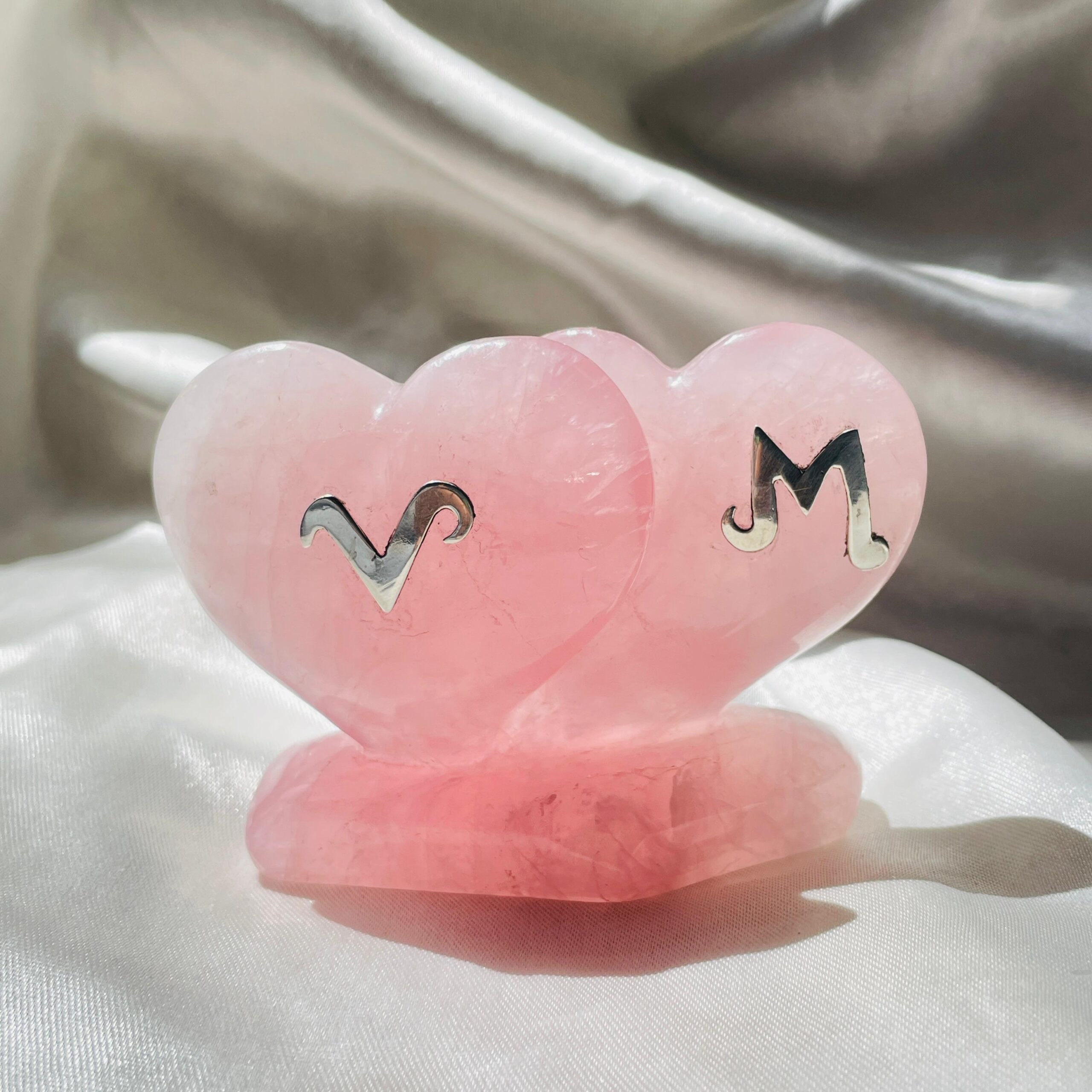 Personalized Rose Quartz Twin Puffy Heart, Custom Letter in Silver, Meaningful Gift for Anniversaries or Weddings - Image 1