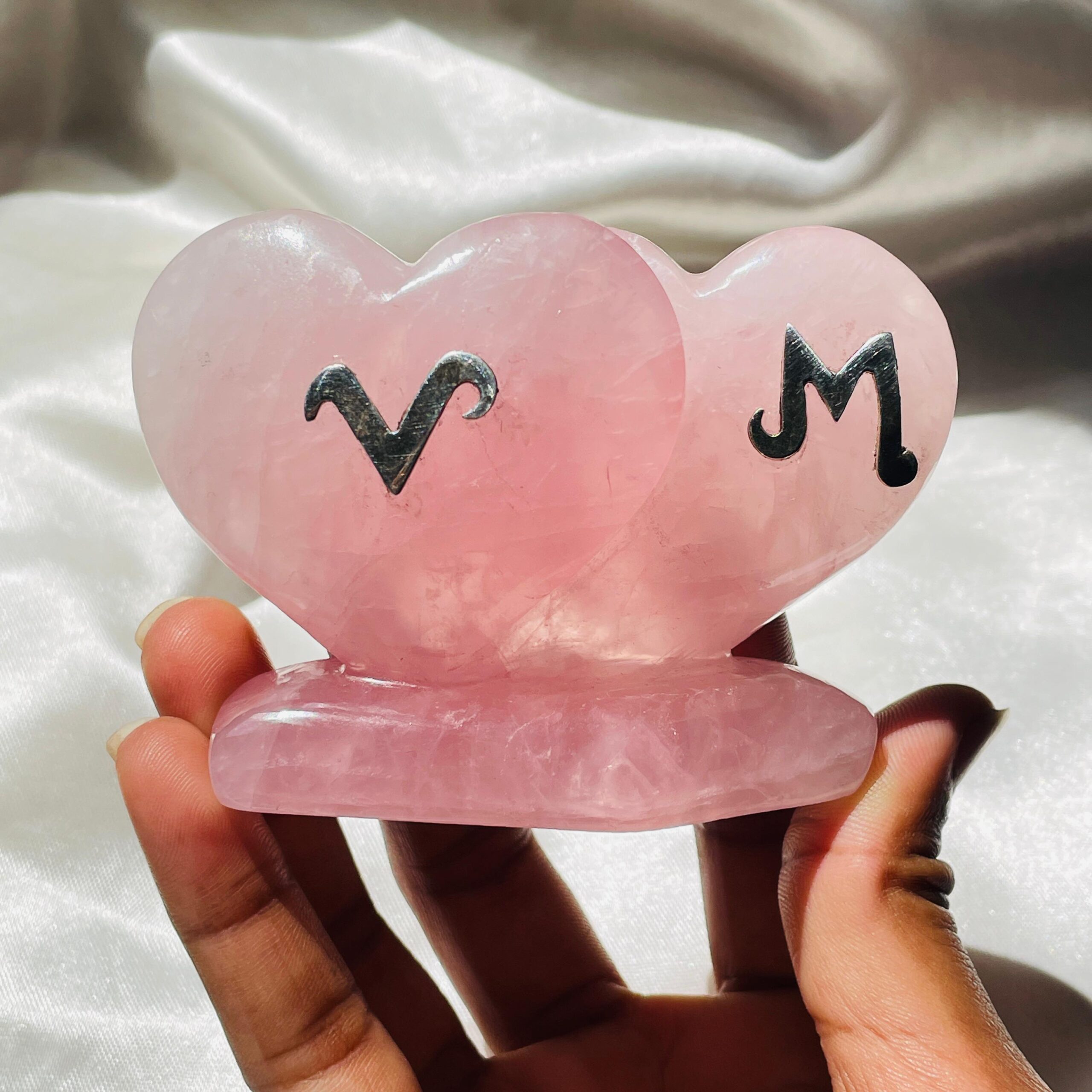 Personalized Rose Quartz Twin Puffy Heart, Custom Letter in Silver, Meaningful Gift for Anniversaries or Weddings - Image 5