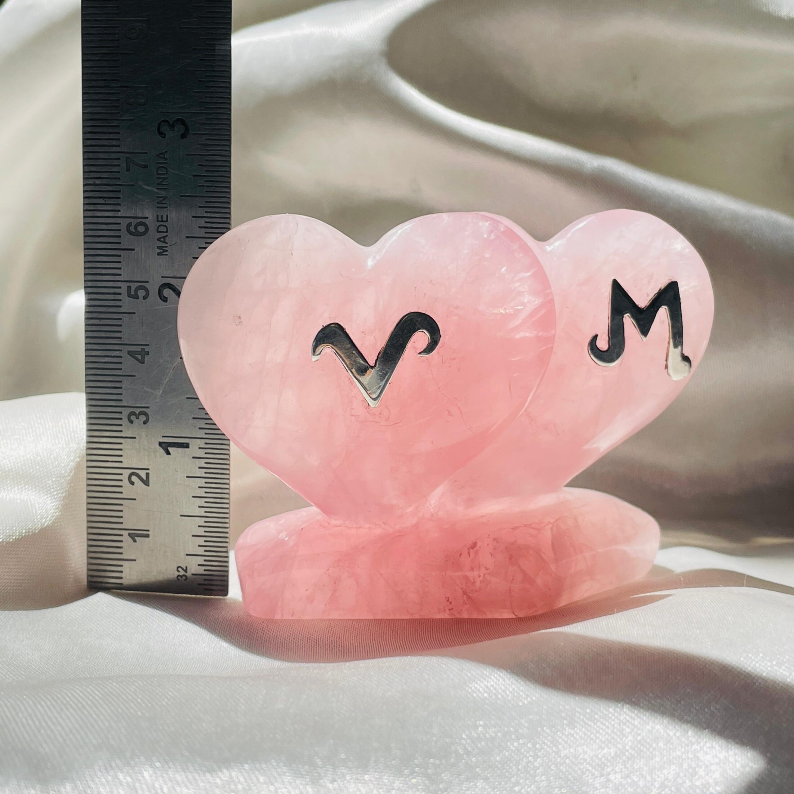Personalized Rose Quartz Twin Puffy Heart, Custom Letter in Silver, Meaningful Gift for Anniversaries or Weddings - Image 7