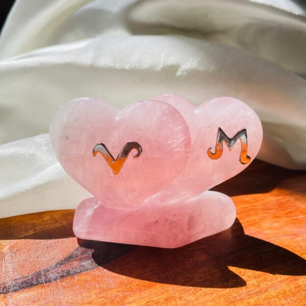 Personalized Rose Quartz Twin Puffy Heart, Custom Letter in Silver, Meaningful Gift for Anniversaries or Weddings - Image 8