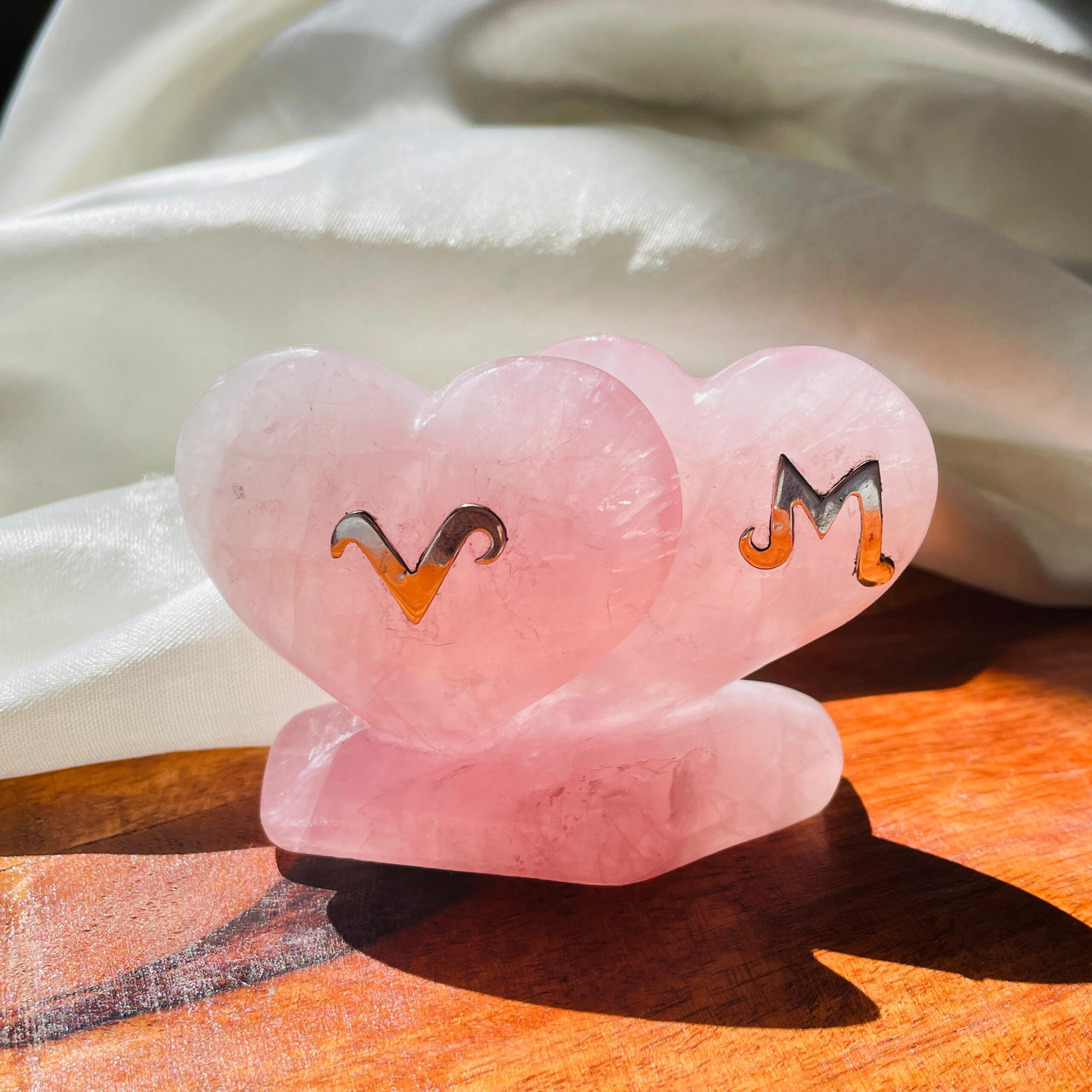 Personalized Rose Quartz Twin Puffy Heart, Custom Letter in Silver, Meaningful Gift for Anniversaries or Weddings - Image 8