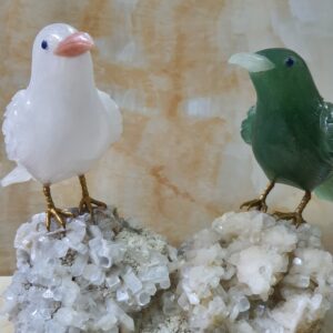 White Quartz & Green Fluorite Birds Figurine on Natural Crystal Quartz Geode