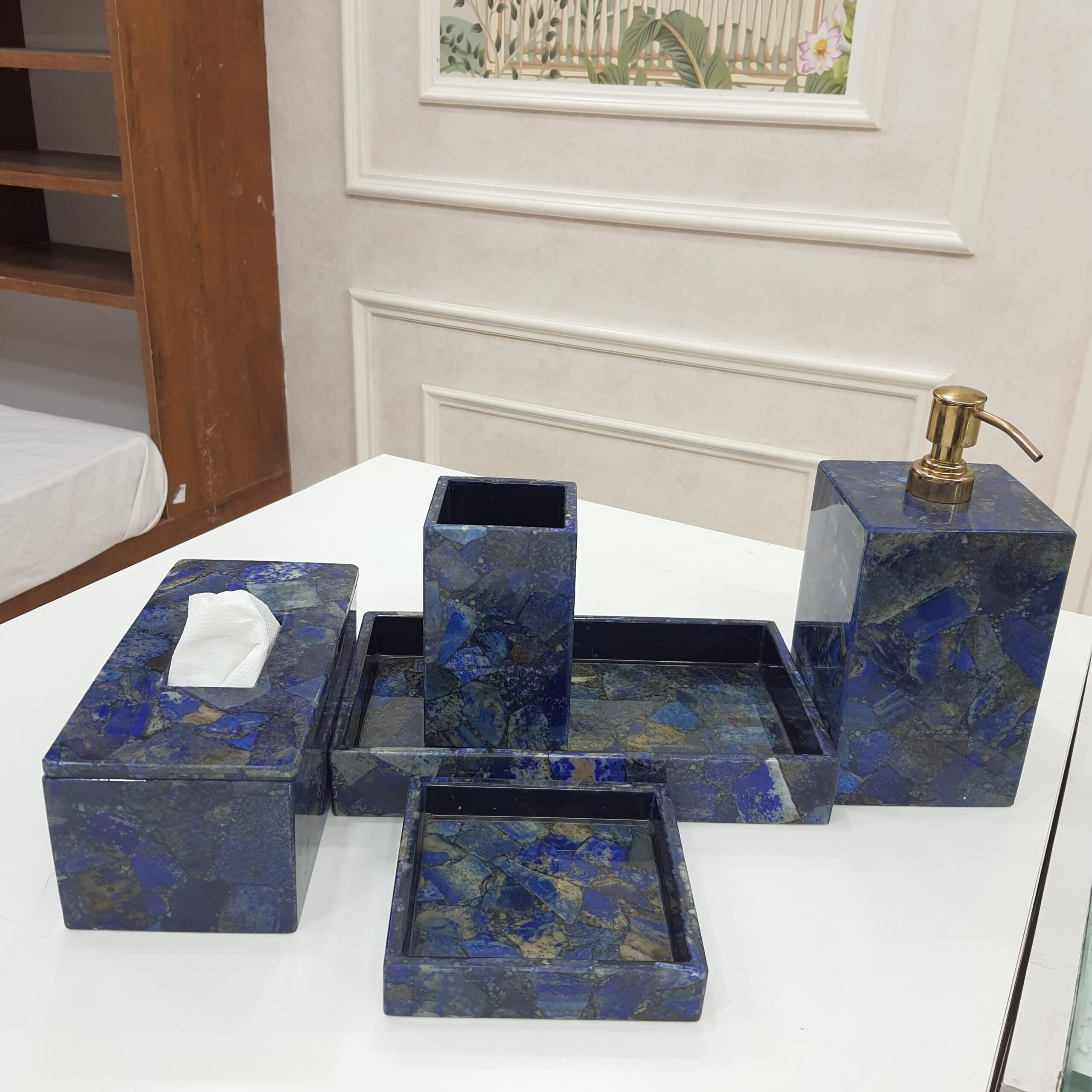 Natural Blue Lapis Bathroom Set | Luxury Bathroom Set | Hotel Luxury Bathroom Accessories | Bath Décor Product | Bathroom Tissue Box - Image 3