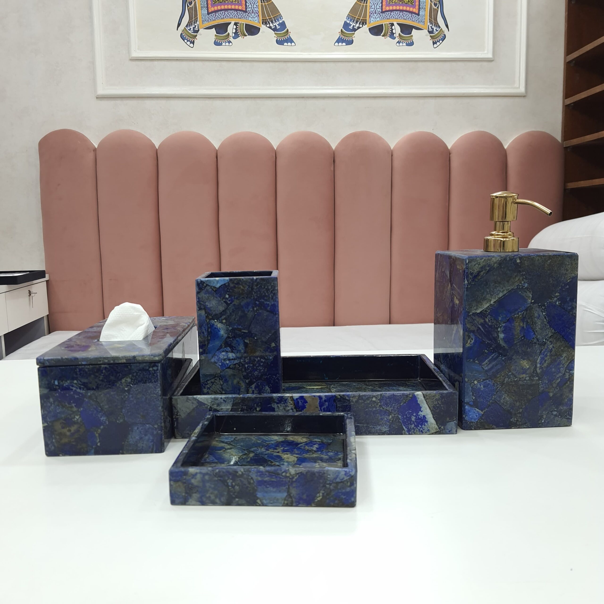 Natural Blue Lapis Bathroom Set | Luxury Bathroom Set | Hotel Luxury Bathroom Accessories | Bath Décor Product | Bathroom Tissue Box - Image 2