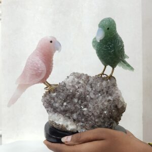 Parrot Figurine - Rose Quartz & Green Fluorite Parrot Figurine on Smoky Quartz Geode