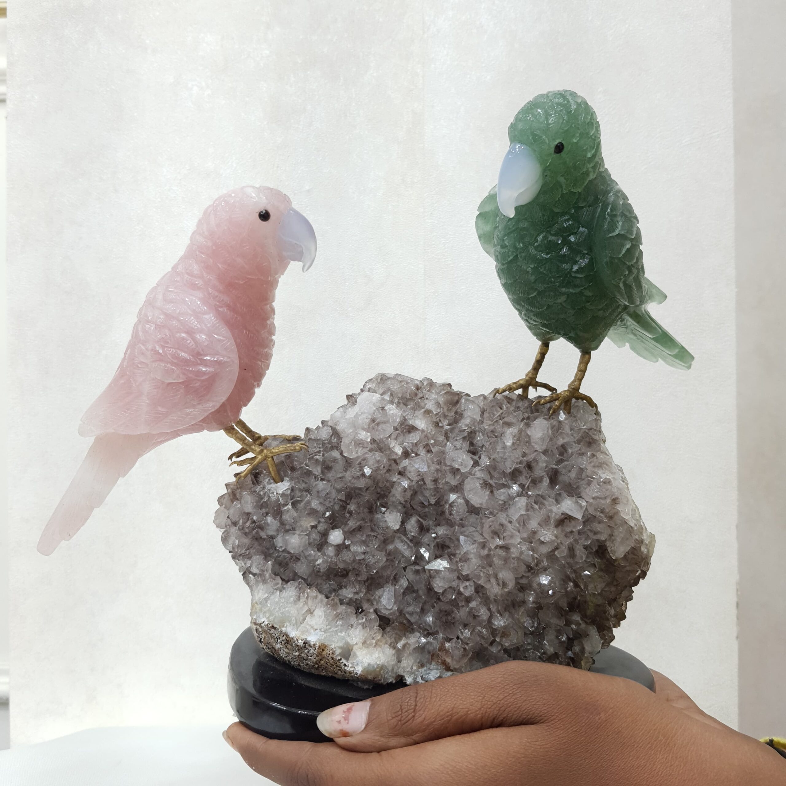 Parrot Figurine - Rose Quartz & Green Fluorite Parrot Figurine on Smoky Quartz Geode - Image 1