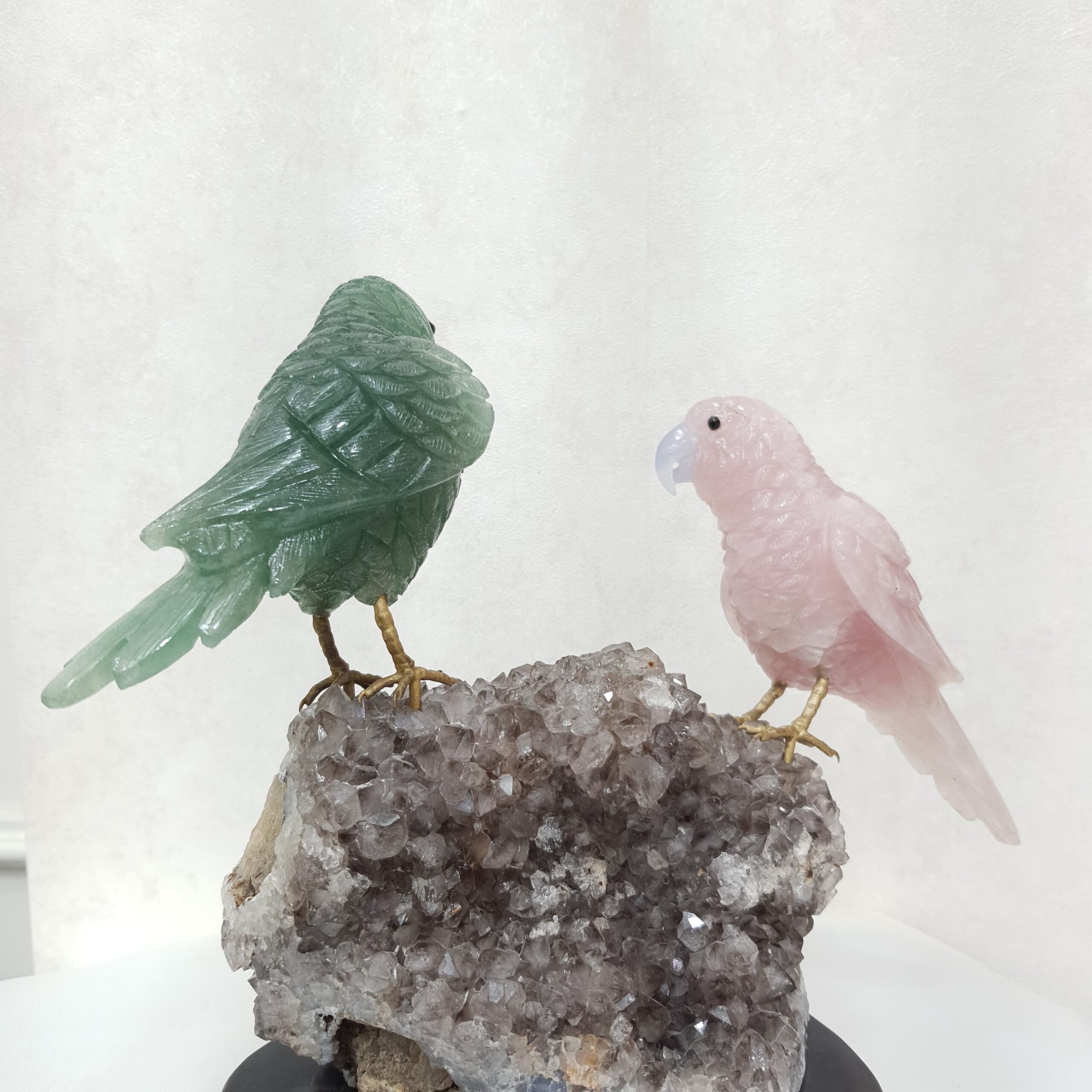 Parrot Figurine - Rose Quartz & Green Fluorite Parrot Figurine on Smoky Quartz Geode - Image 3