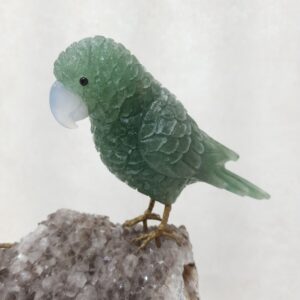 Parrot Figurine - Rose Quartz & Green Fluorite Parrot Figurine on Smoky Quartz Geode - Image 4