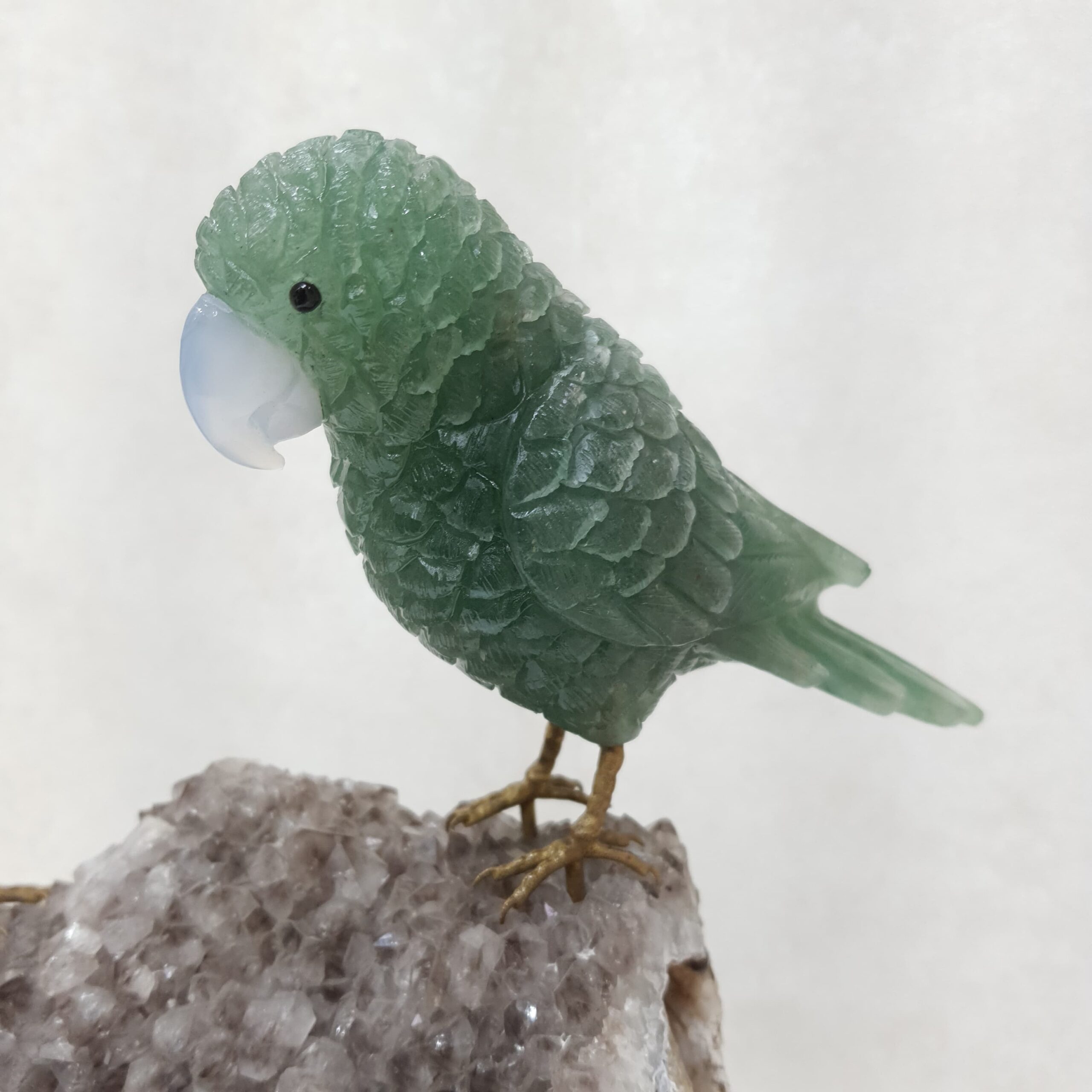 Parrot Figurine - Rose Quartz & Green Fluorite Parrot Figurine on Smoky Quartz Geode - Image 4