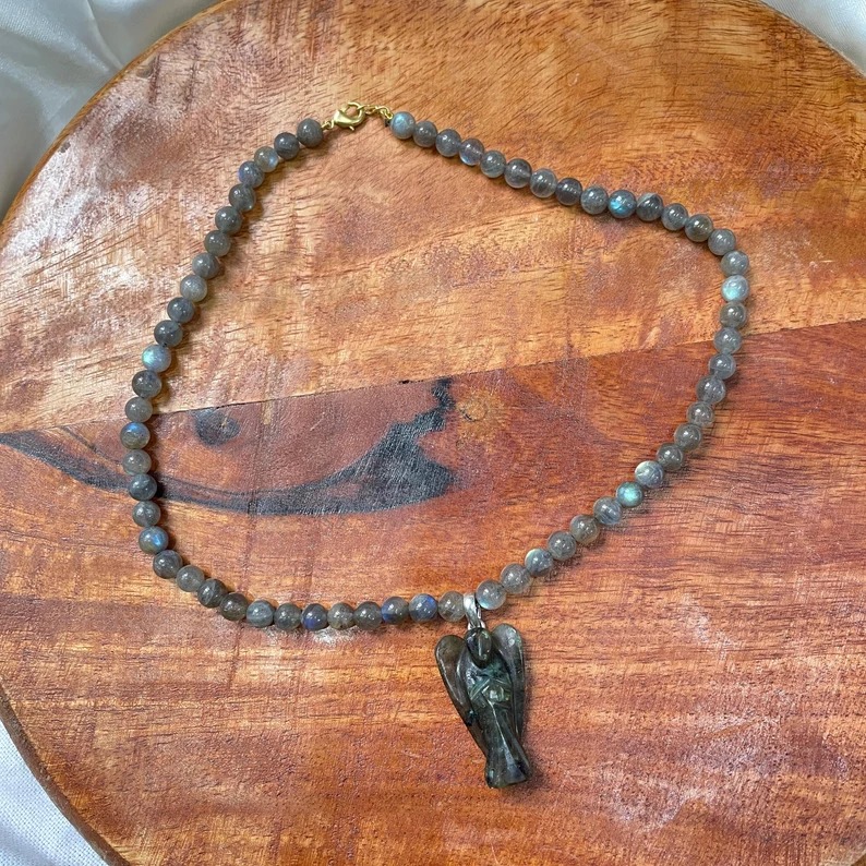Natural Labradorite mala with angel pendant for women & girls necklace - Image 4