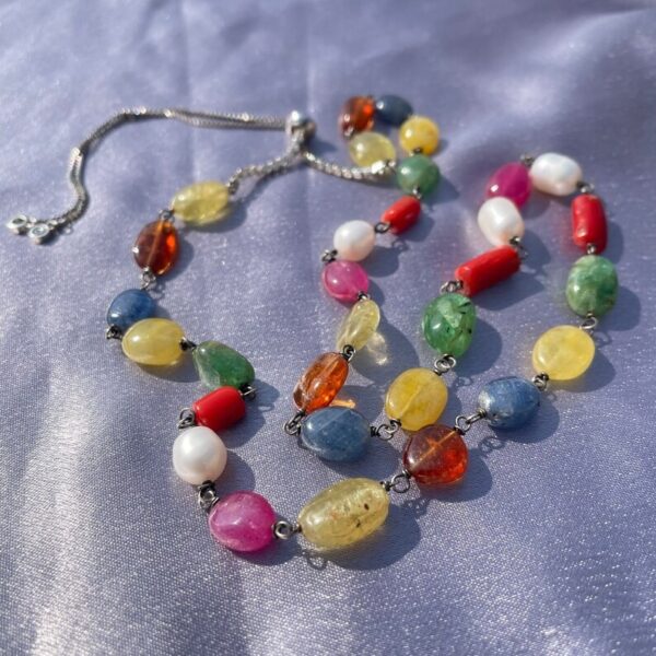 Navratna Mala Necklace, 4mm Natural Gemstone Beads in 925 Silver