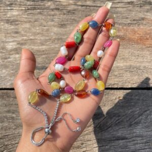 Navratna Mala Necklace, 4mm Natural Gemstone Beads in 925 Silver - Image 2