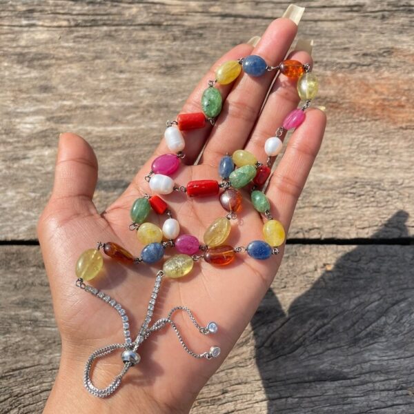 Navratna Mala Necklace, 4mm Natural Gemstone Beads in 925 Silver - Image 2