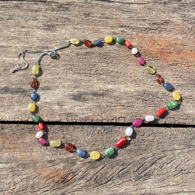 Navratna Mala Necklace, 4mm Natural Gemstone Beads in 925 Silver - Image 3