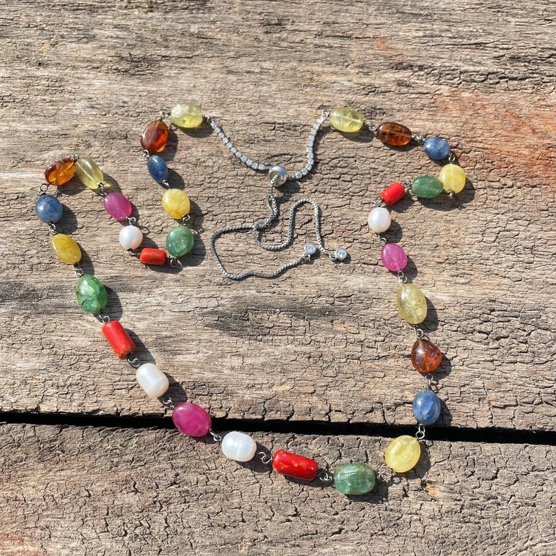 Navratna Mala Necklace, 4mm Natural Gemstone Beads in 925 Silver - Image 6