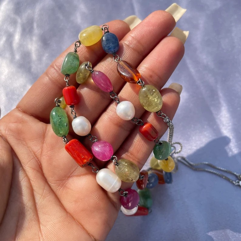 Navratna Mala Necklace, 4mm Natural Gemstone Beads in 925 Silver - Image 7