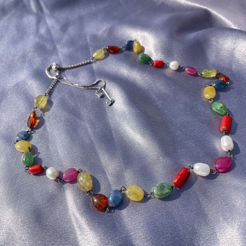 Navratna Mala Necklace, 4mm Natural Gemstone Beads in 925 Silver - Image 8