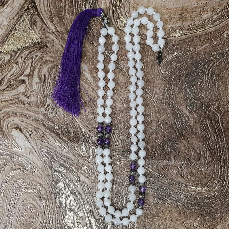 Natural White Agate Stone Mala 108 Agate Beads Mala 9MM Agate Beads Mala White Stone Prayer Jaap Mala - Image 2