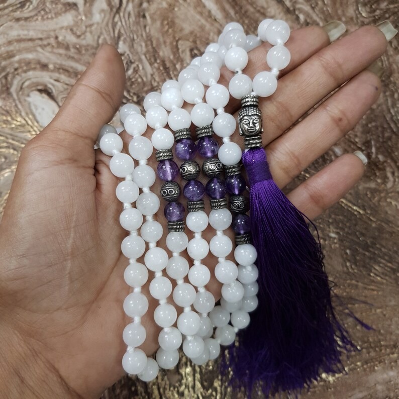Natural White Agate Stone Mala 108 Agate Beads Mala 9MM Agate Beads Mala White Stone Prayer Jaap Mala - Image 7