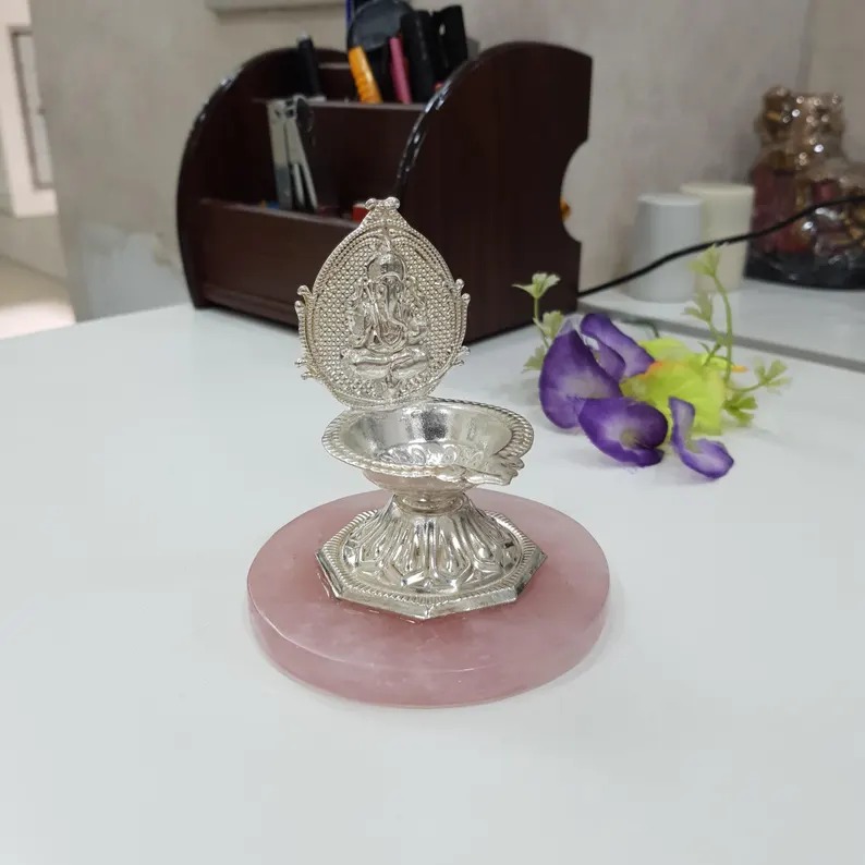 Ganesha Lamp on Rose Quartz Stone, German Silver Lamp for Unique Corporate Gifts, Premium, Luxury Gifts - Image 4