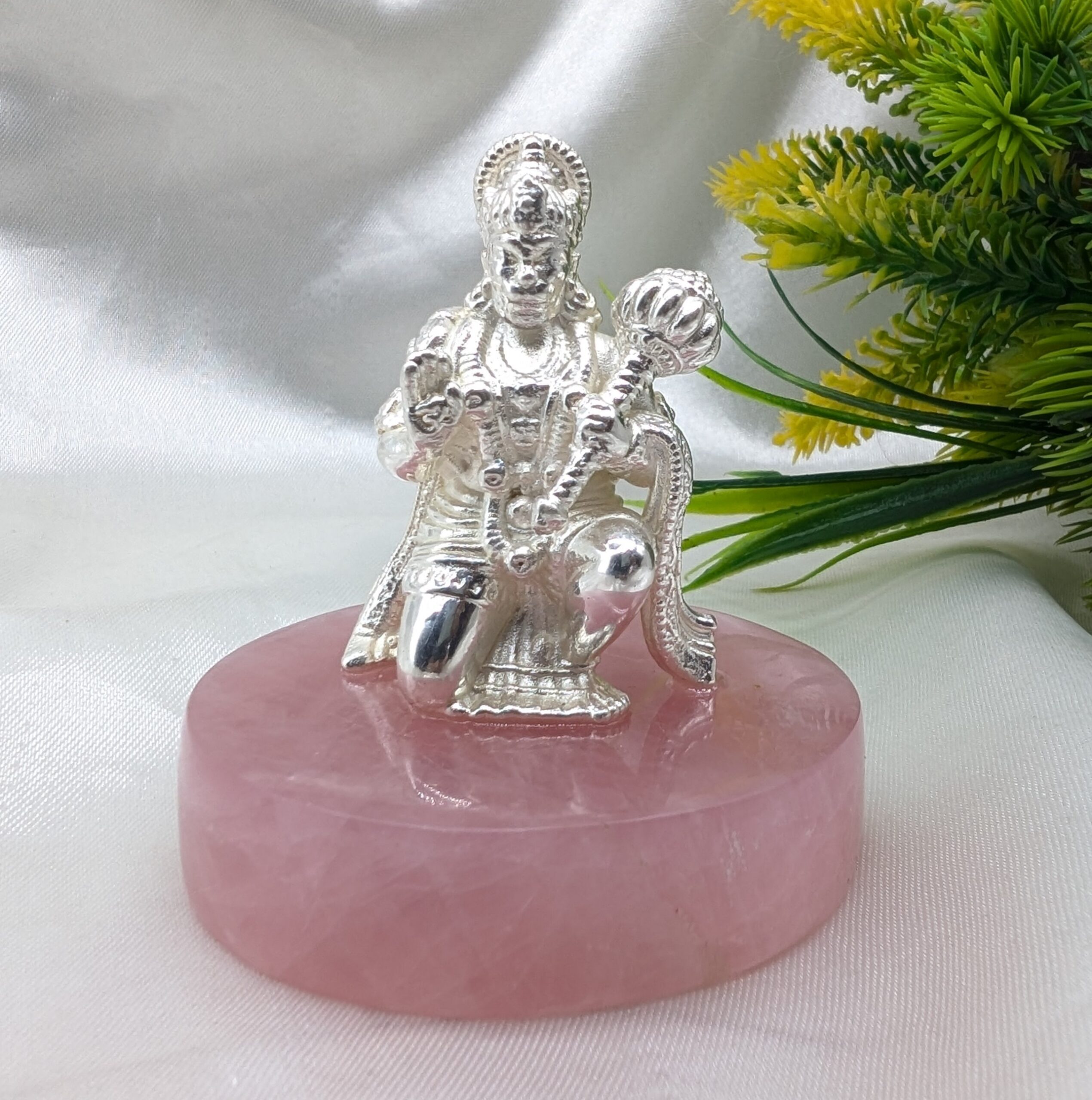 925 Silver Hanuman Statue on Rose Quartz Stone, Handcrafted Spiritual Décor for Home, Perfect Gift for Festivals & Blessings - Image 7