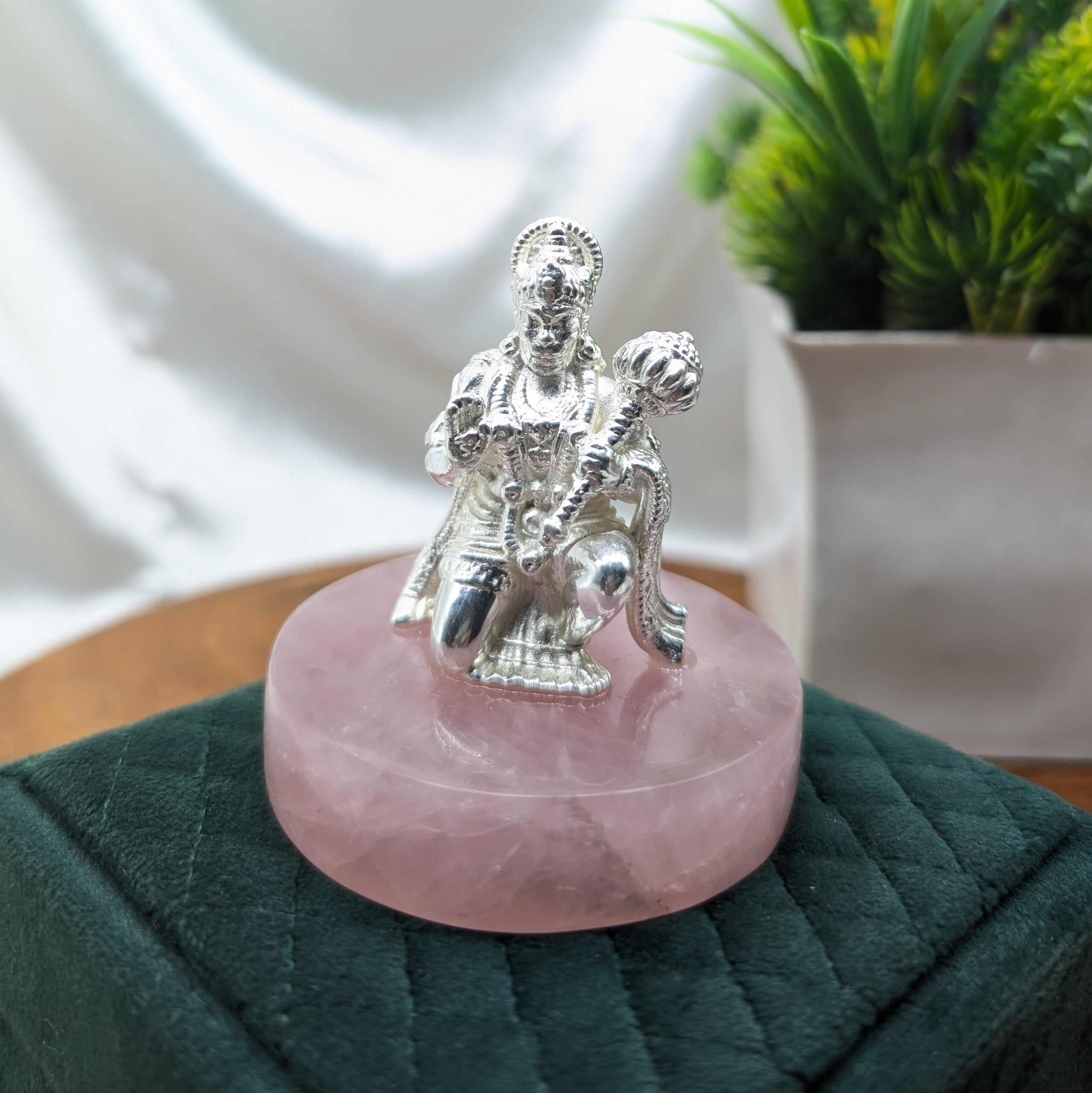 925 Silver Hanuman Statue on Rose Quartz Stone, Handcrafted Spiritual Décor for Home, Perfect Gift for Festivals & Blessings - Image 9