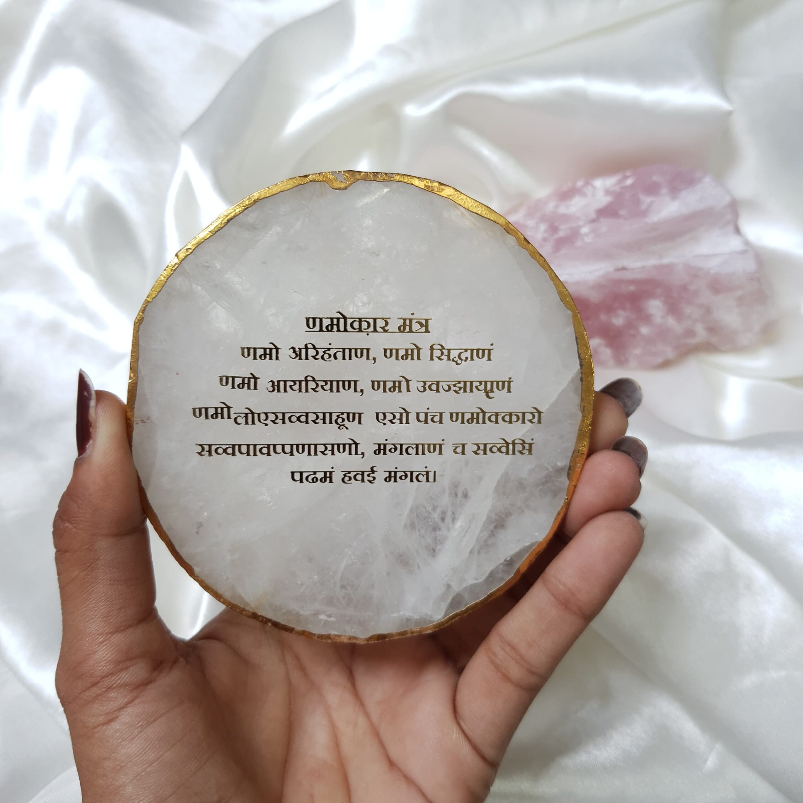 Rose Quartz stone showpiece | Namokar mantra Coaster Show Piece for gift & Decorative items - Image 7
