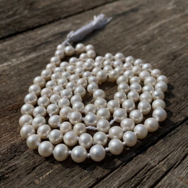 7mm Pearl Moti Mala, Round White Pearl Beads Mala for Meditation & Chanting