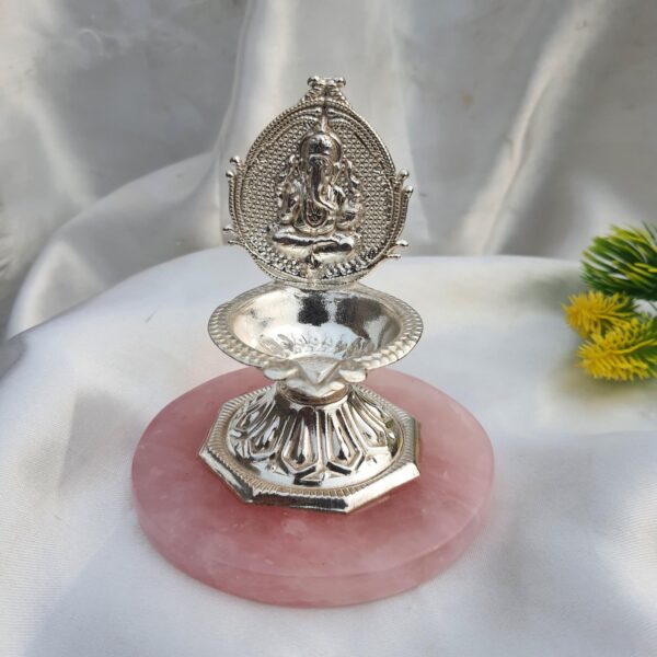 Ganesha Lamp on Rose Quartz Stone, German Silver Lamp for Unique Corporate Gifts, Premium, Luxury Gifts