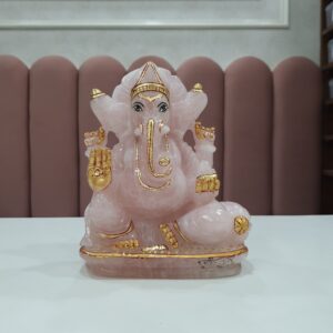 Rose Quartz Ganesha Statue: Hand-Carved Hindu Idol with Gold Accents