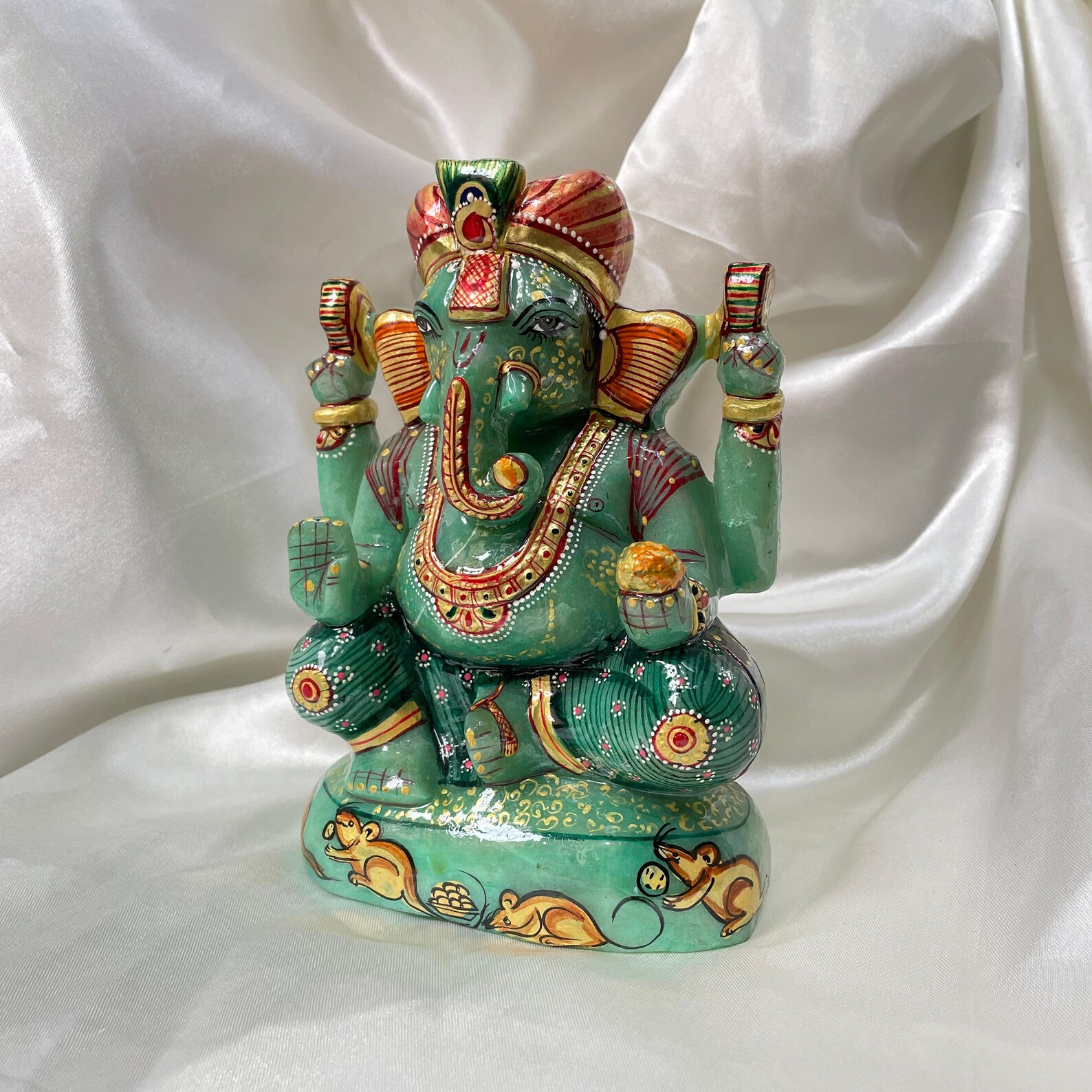 7" Green Jade Ganesha Statue for Gifts, Home Décor & Pooja Room - Image 5