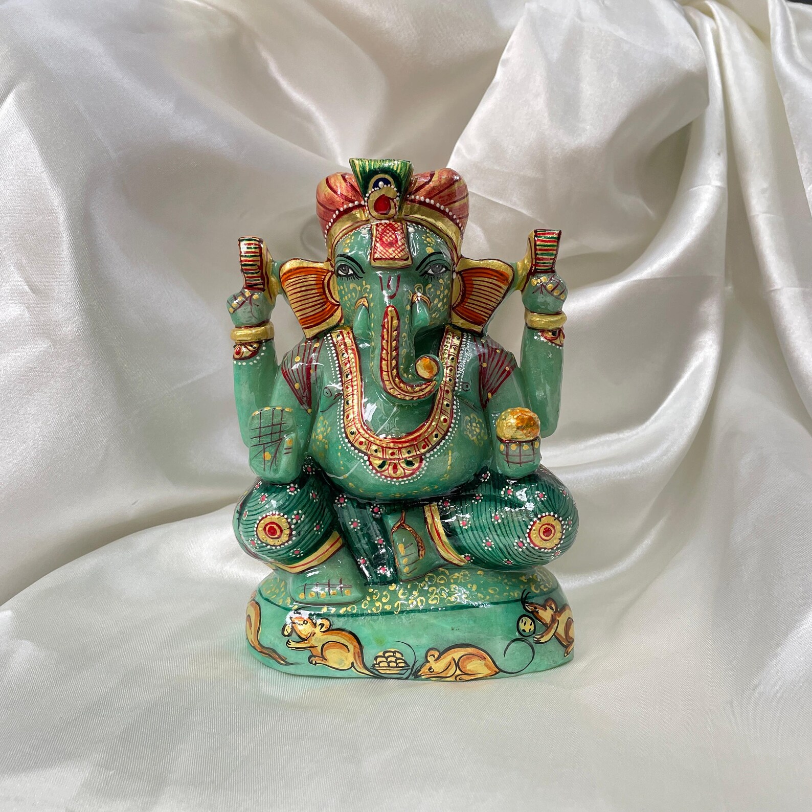 7" Green Jade Ganesha Statue for Gifts, Home Décor & Pooja Room - Image 1