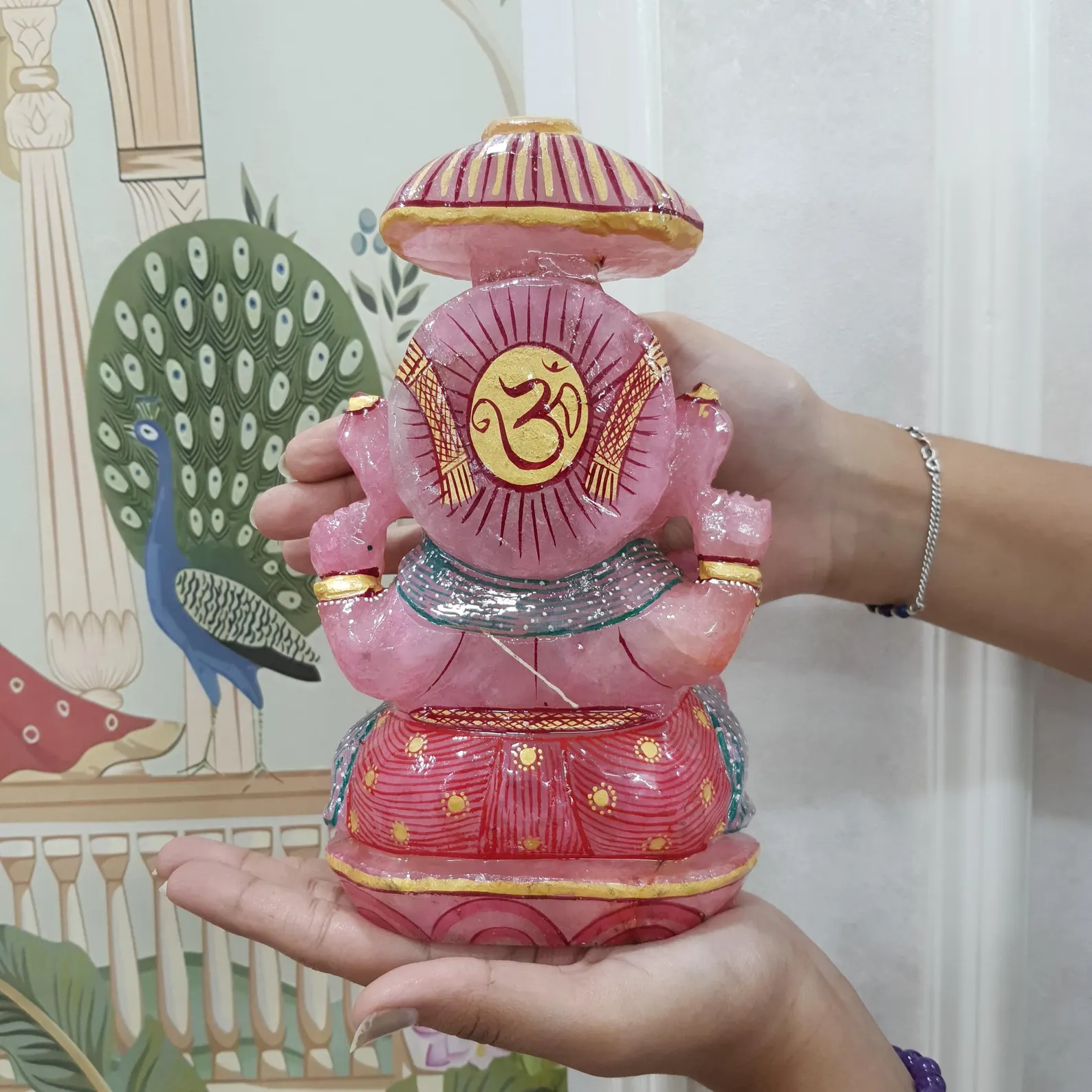 Rose Quartz Ganesha Statue: Hand-Carved Ganesh Idol with Golden Paint - Image 3