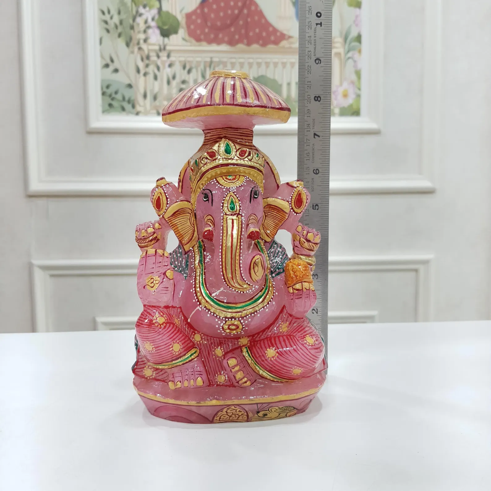 Rose Quartz Ganesha Statue: Hand-Carved Ganesh Idol with Golden Paint - Image 5