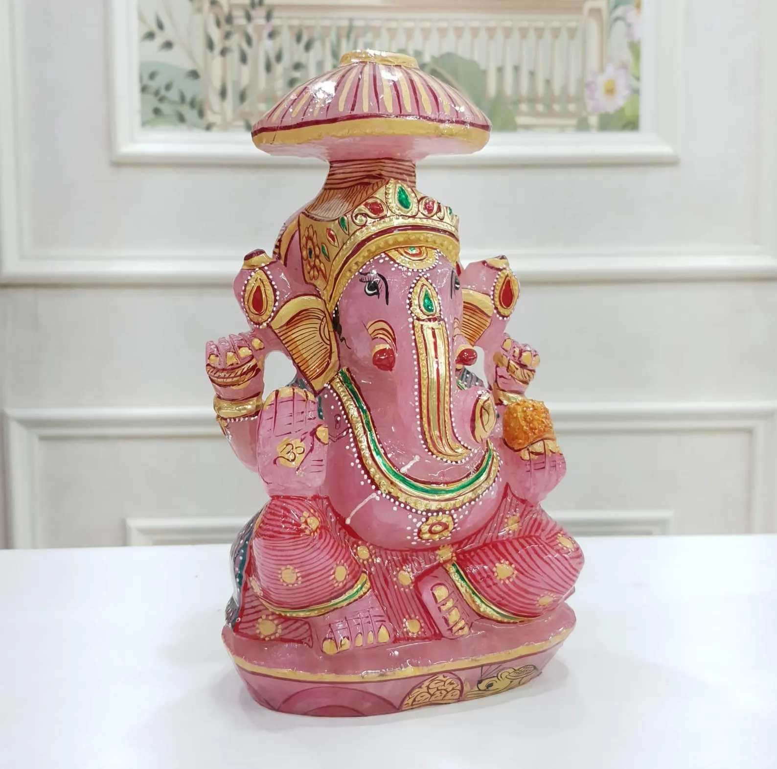 Rose Quartz Ganesha Statue: Hand-Carved Ganesh Idol with Golden Paint - Image 7