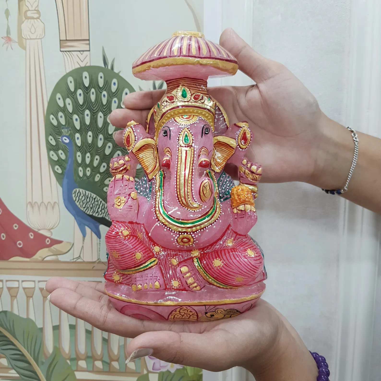 Rose Quartz Ganesha Statue: Hand-Carved Ganesh Idol with Golden Paint - Image 8