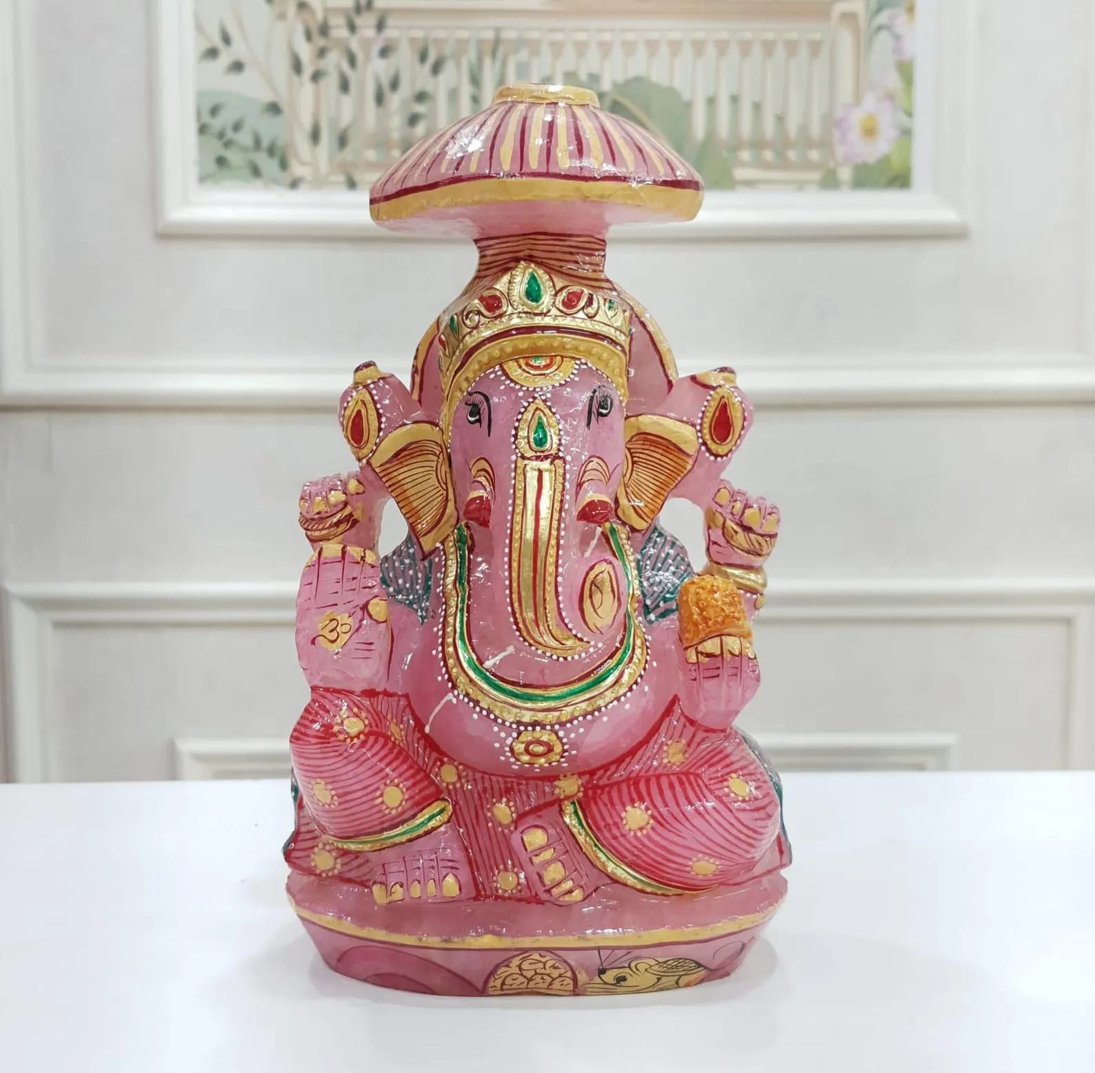 Rose Quartz Ganesha Statue: Hand-Carved Ganesh Idol with Golden Paint - Image 9