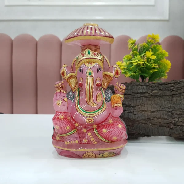 Rose Quartz Ganesha Statue: Hand-Carved Ganesh Idol with Golden Paint - Image 10