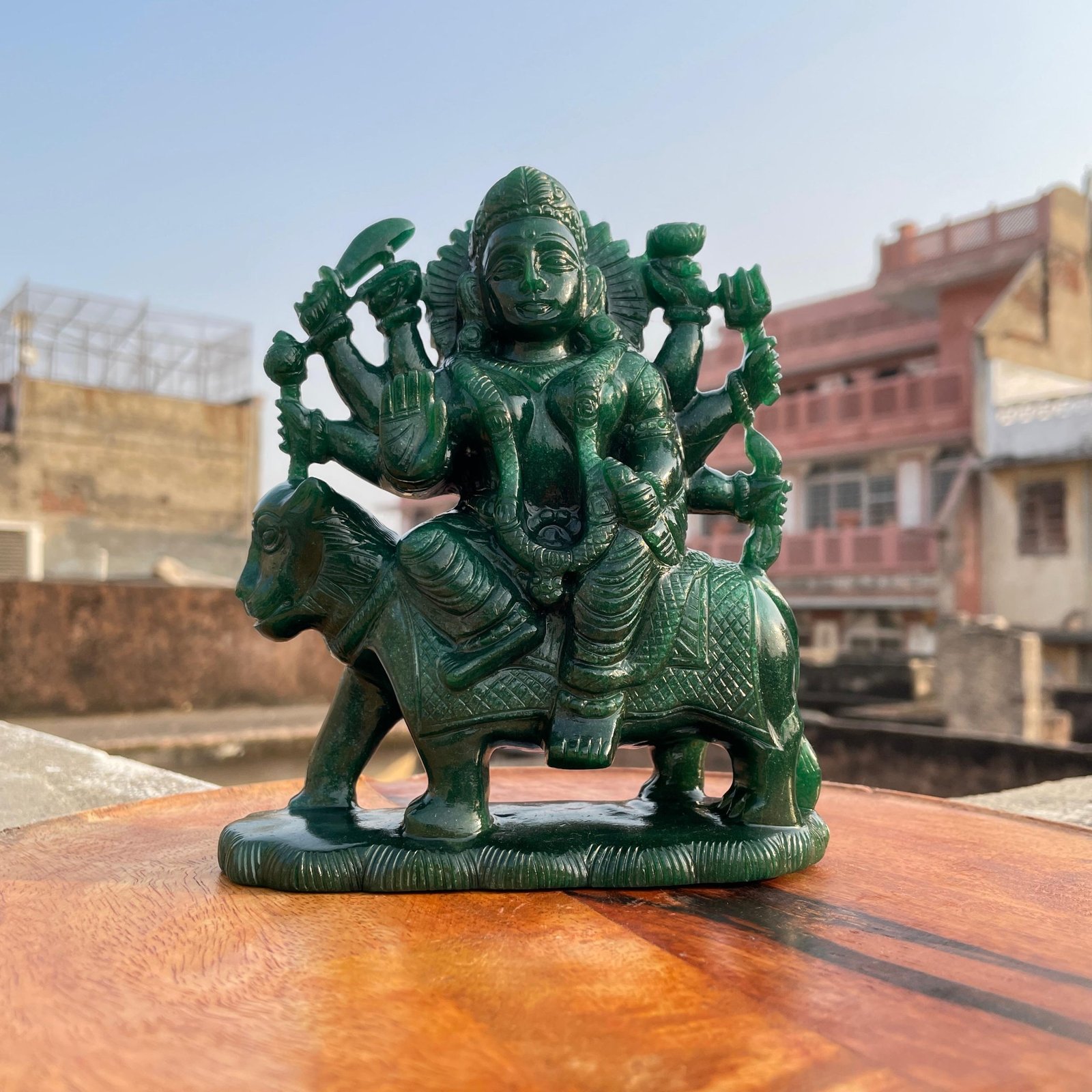 Green Aventurine Durga Idol, Maa Durga Murti Symbol of Divine Power, Protection, and Victory Over Evil