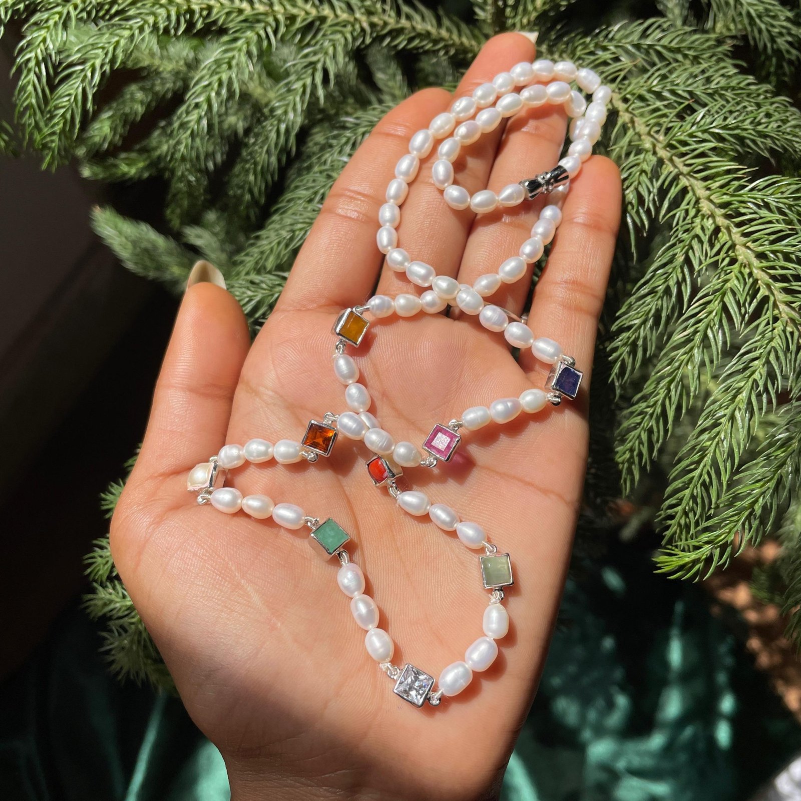 Elegant Pearl Beads Mala Necklace with Navratna Precious Gemstone - Image 2