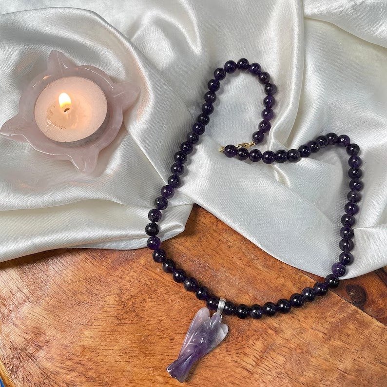 Amethyst Necklace, Amethyst mala with Angel pendant - Image 2